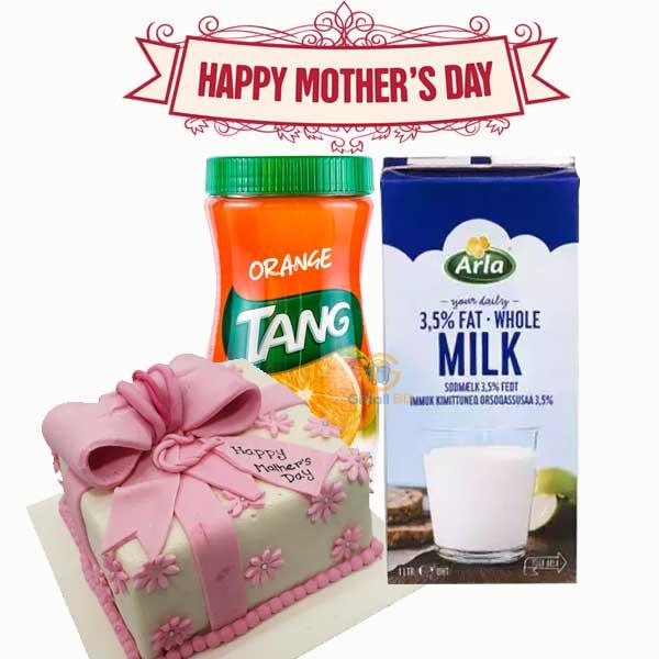 Mother's day special fondant cake with milk and orange drinks