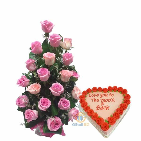 Pink heart shape cake with pink rose
