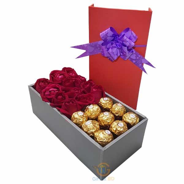 Red rose with rocher chocolate gift Box