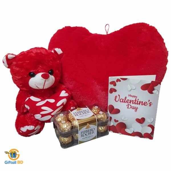 Valentines teddy with pillow and chocolate