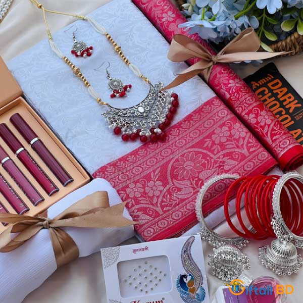 White and red Katan Saree for Anniversary Gift